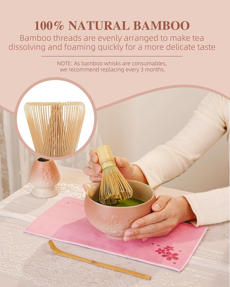 Zens Matcha Whisk Set, Pink Ceramic Matcha Bowl with Embossed Sakura, 6pcs Matcha Tea Kit Includes Bamboo Whisk, (Chasen Holder) Scoop & Sifter, Tea Towel for Matcha Ceremony, Pink - Image 5